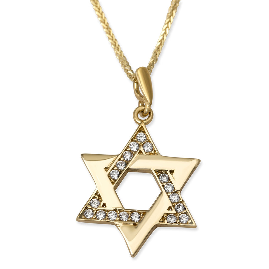 14K Yellow Gold Interlocking Star of David Pendant Necklace with Cubic Zirconia