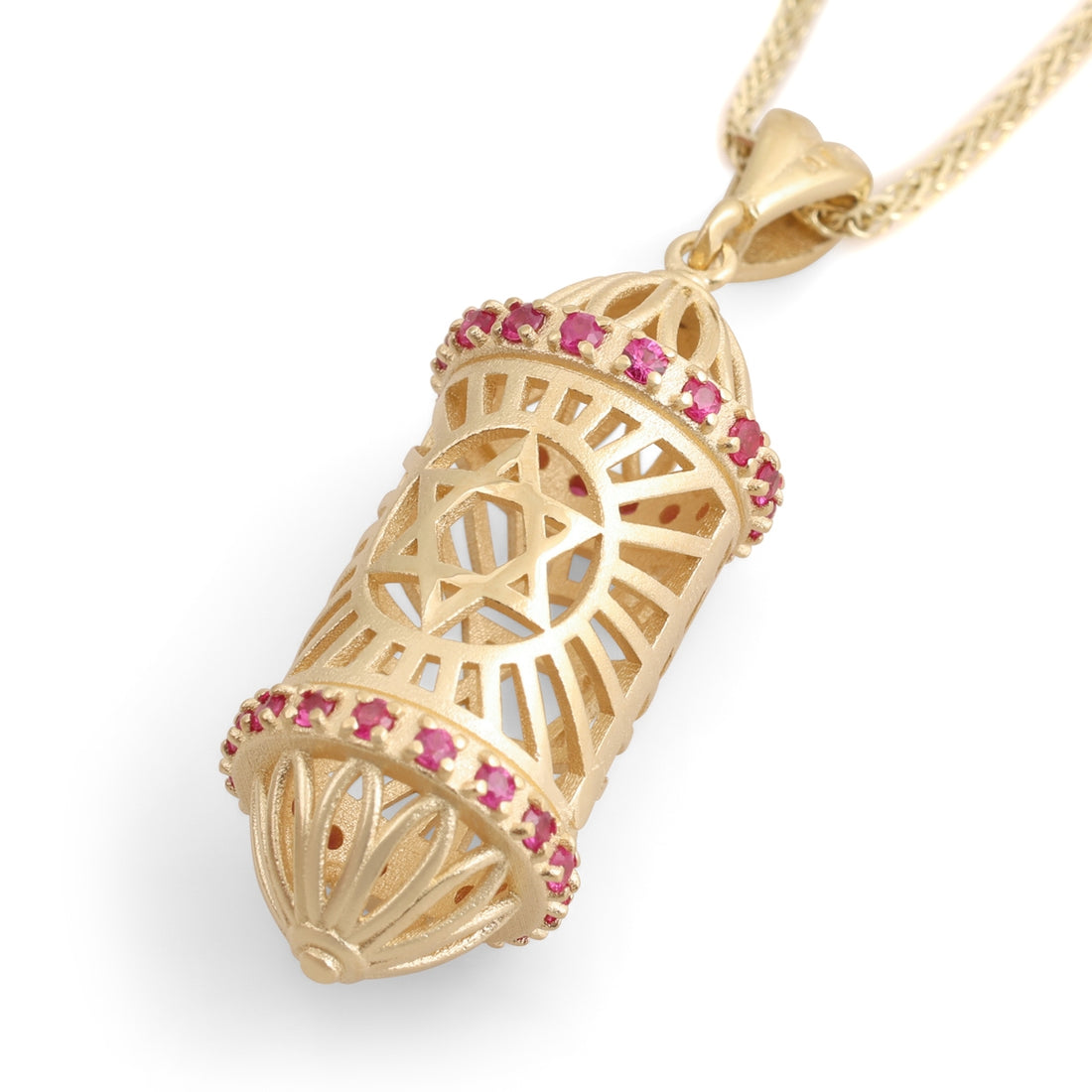 14K Yellow Gold Three-Dimensional Mezuzah Case Pendant Necklace With Ruby Stones