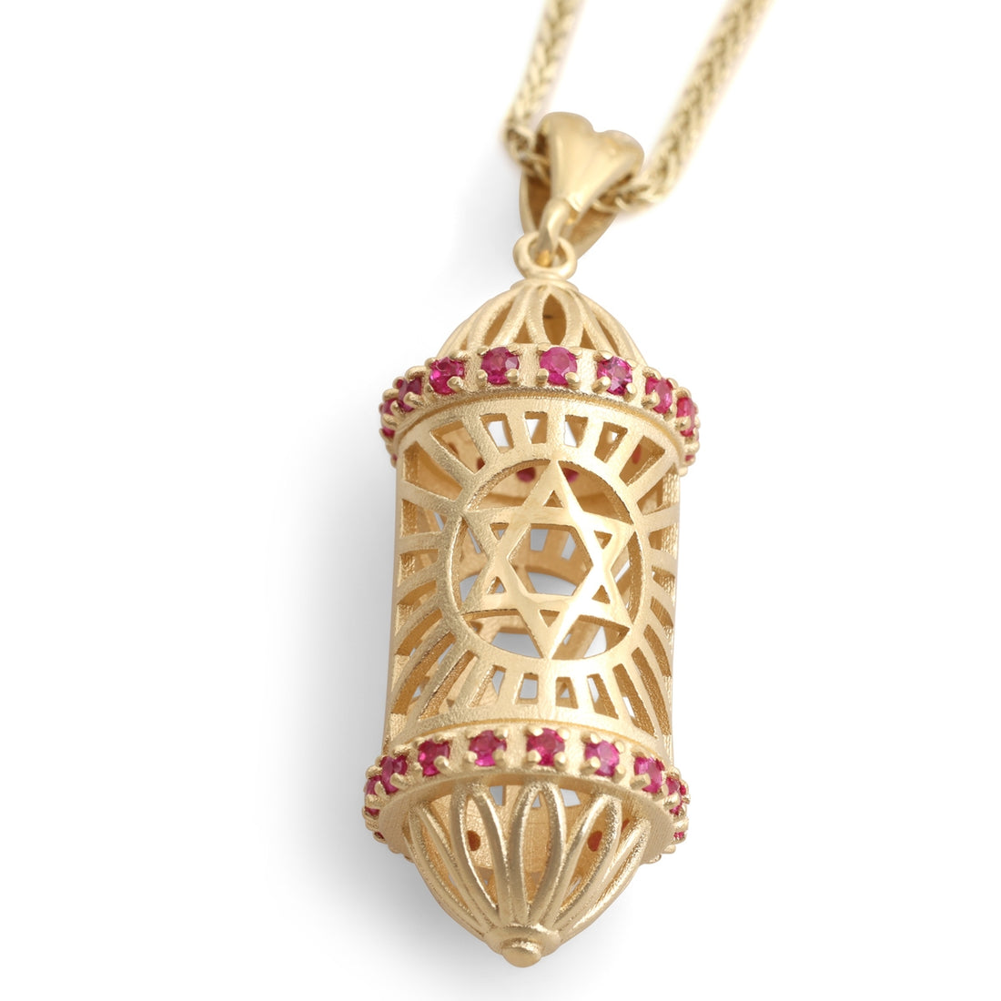 14K Yellow Gold Three-Dimensional Mezuzah Case Pendant Necklace With Ruby Stones