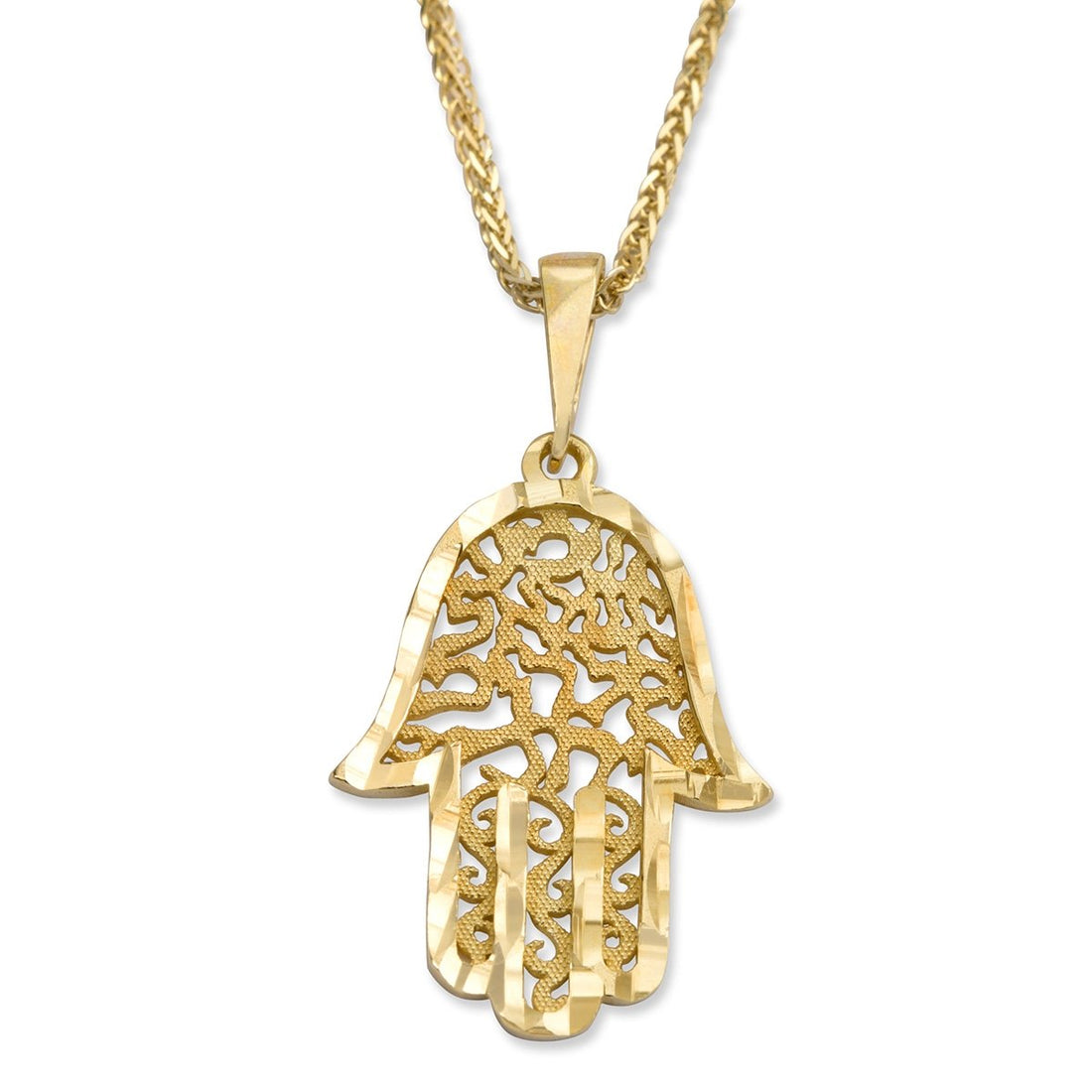 14K Yellow Gold Hamsa Pendant Necklace With Ornate Shema Yisrael Design