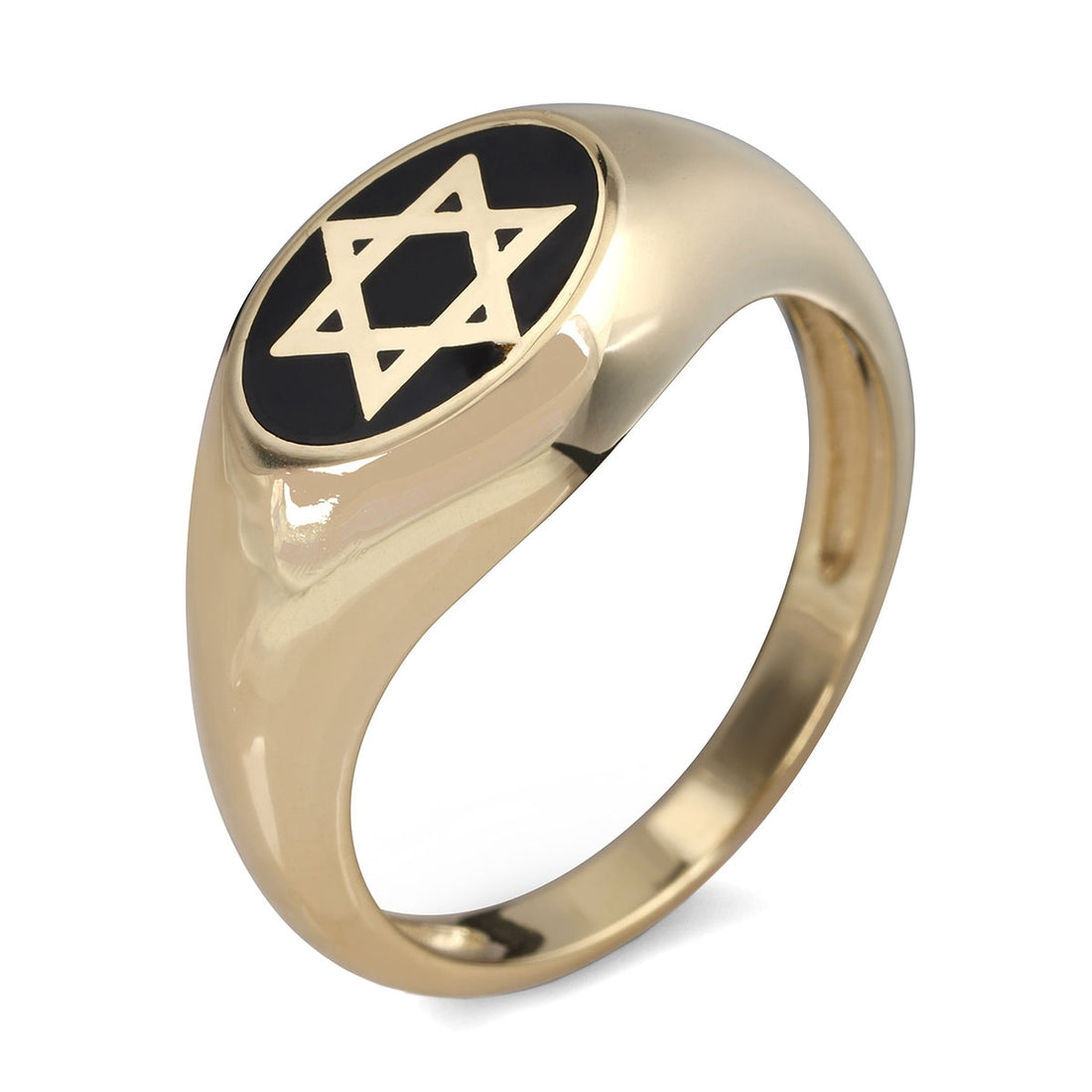 14K Yellow Gold Star of David Ring with Black Enamel