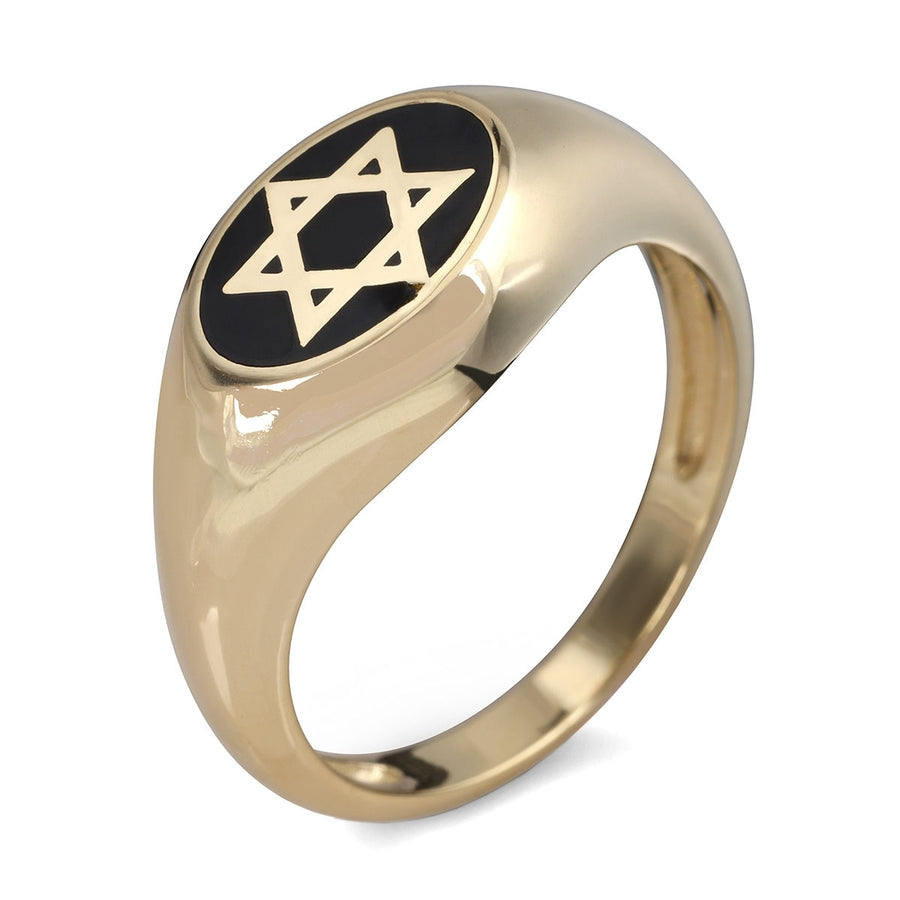 14K Yellow Gold Star of David Ring with Black Enamel