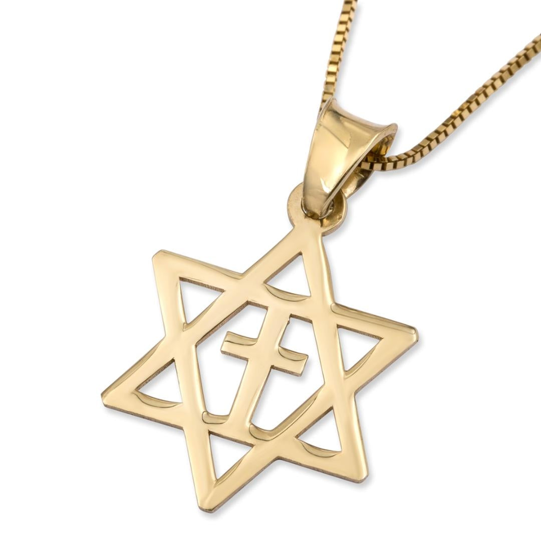 14K Gold Small Star of David Latin Cross Pendant Necklace
