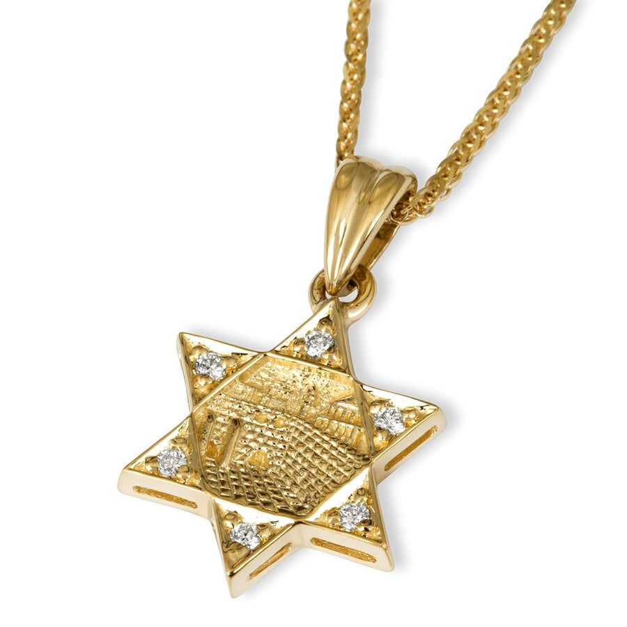 14K Gold Diamond Star of David Pendant Necklace with Old Jerusalem Motif
