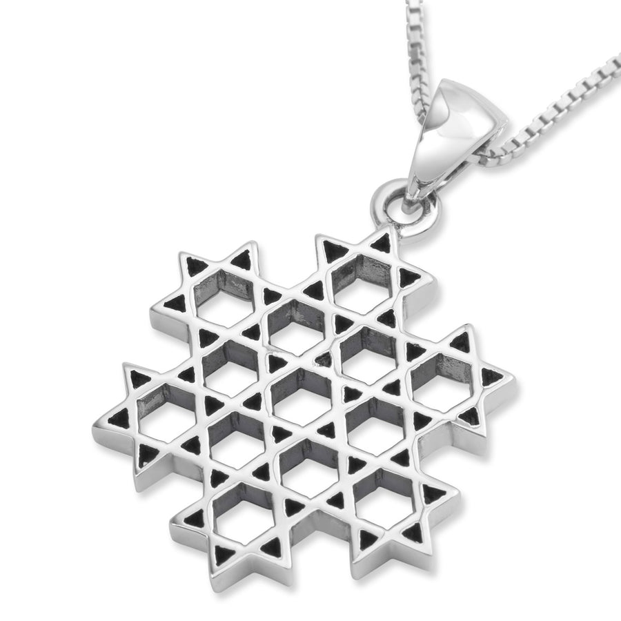 Sterling Silver Compound Stars of David Pendant Necklace