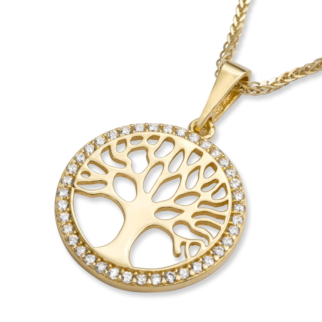 14K Yellow Gold Circular Tree of Life Pendant Necklace with Cubic Zirconia