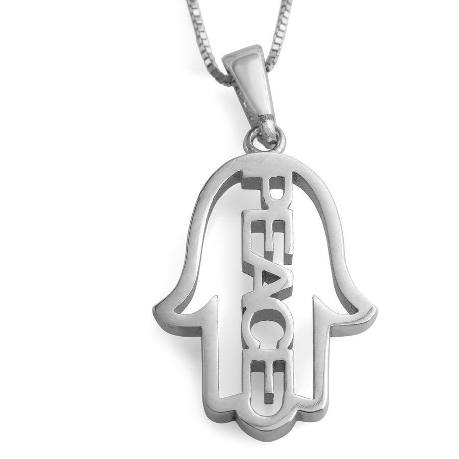 14K Gold Hamsa Pendant Necklace With Peace Design (Choice of Color)