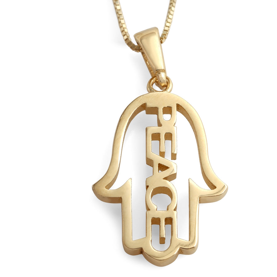 14K Gold Hamsa Pendant Necklace With Peace Design (Choice of Color)